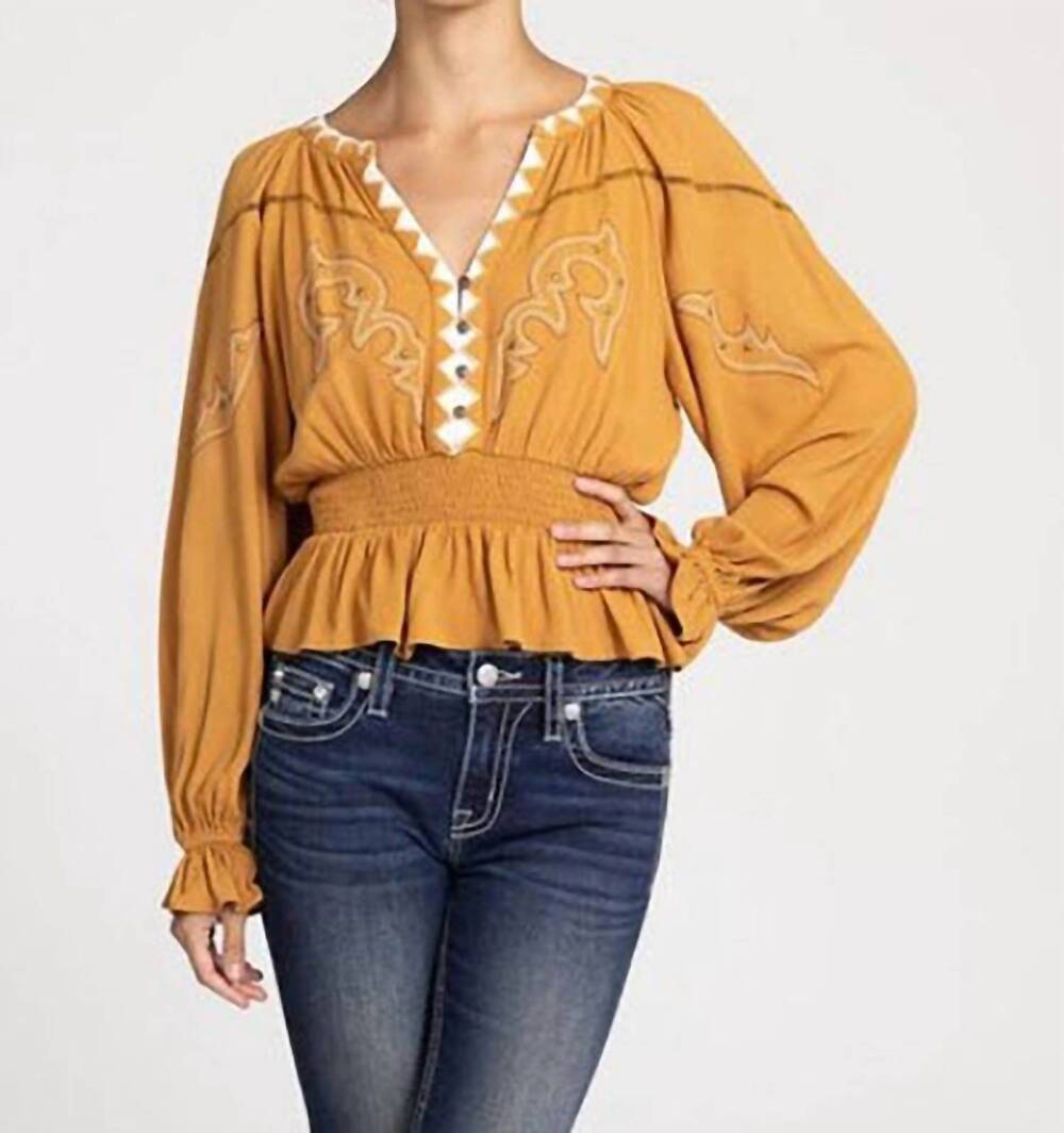 NEW MISS ME women's long puff sleeve knit top in camel